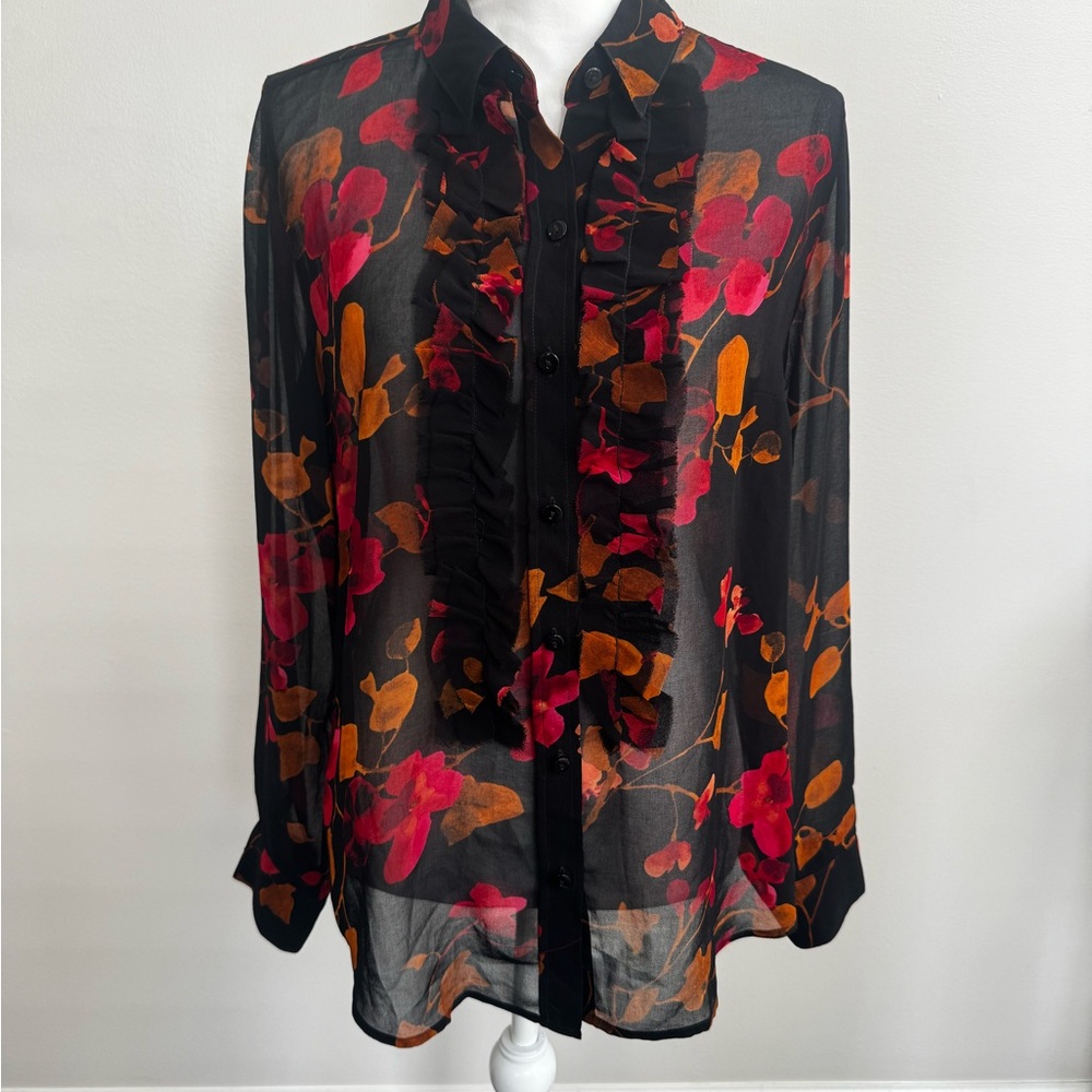 CAbi Black, Orange and Red Floral Ruffle Front Button Down Blouse - Picture 6 of 11